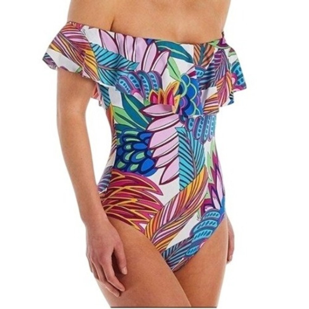 Trina Turk Swimsuit Bright Tropical Floral Ruffle Off Shoulder Women Sz XS / S
